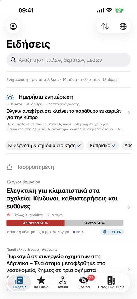Ειδήσεις με τη μπάρα Αριστερά · Κέντρο · Δεξιά